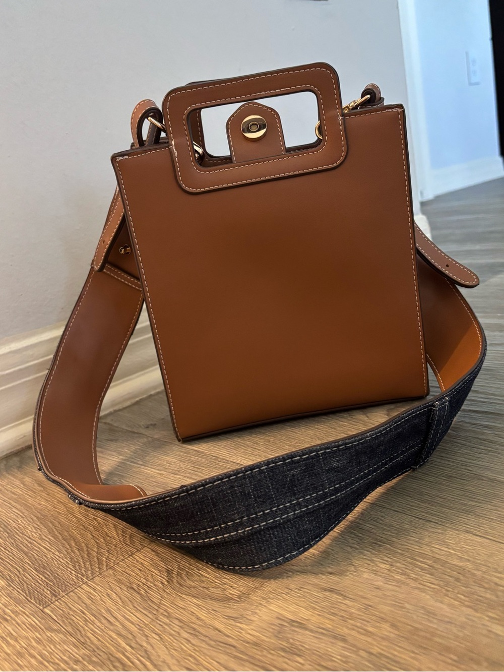 True Religion Tan Structured Leather Crossbody Bag with Denim Strap - Picture 2 of 2